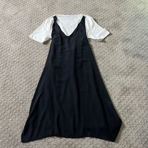 White t shirt, black wrap dress